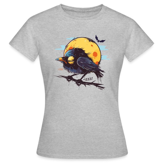 Gray short-sleeve T-shirt featuring a whimsical design of a sleepy black bird on a branch, yellow moon, blue clouds, and a small bat, perfect for casual wear enthusiasts.