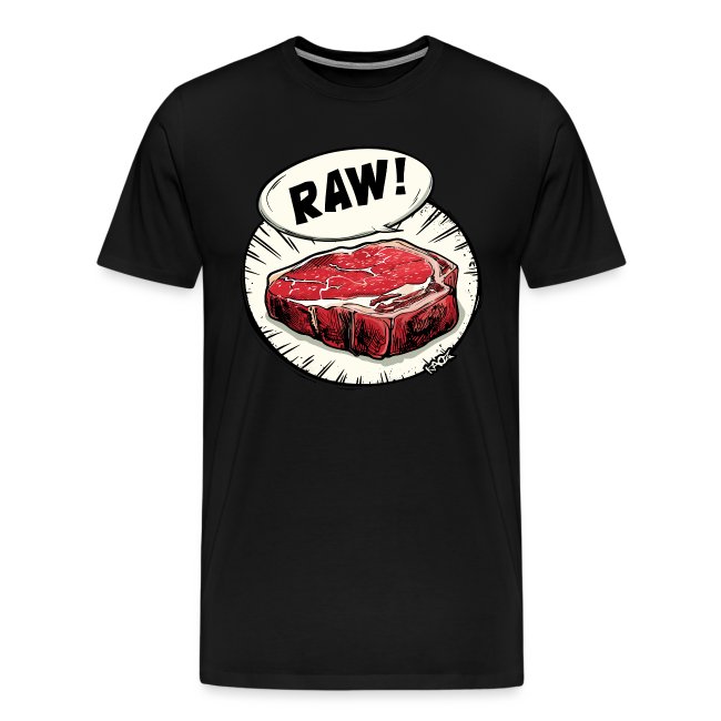 Black t-shirt featuring a comic-style illustration of a raw steak with the word 'RAW!' in a speech bubble above it, designed for meat enthusiasts.