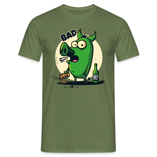 Olive green T-shirt featuring a quirky cartoon pig with a mischievous expression, holding chocolate, smoking, and standing next to a bottle labeled "BOY," with the word "BAD" above.