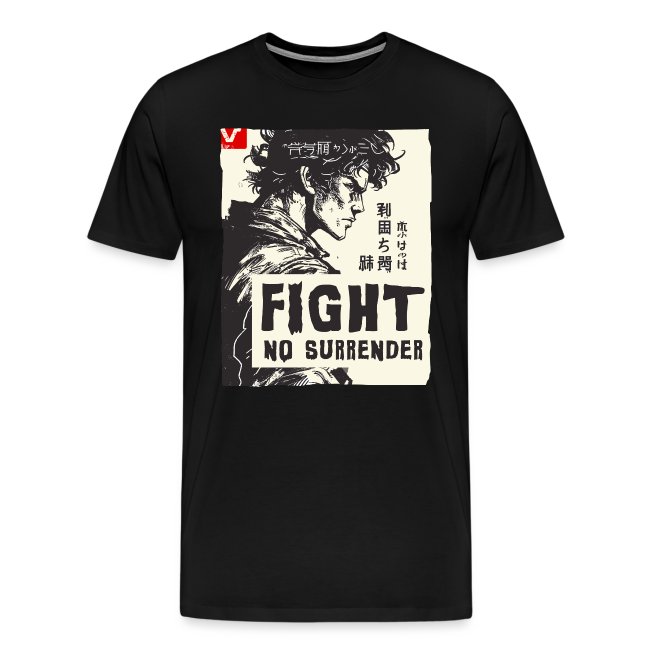 Black t-shirt featuring a profile illustration of a character with tousled hair and 'FIGHT NO SURRENDER' text in bold white letters.