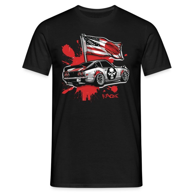 Black t-shirt featuring a stylized car with a skull graphic on the side, vibrant waving flag, and dynamic red splashes in the background.