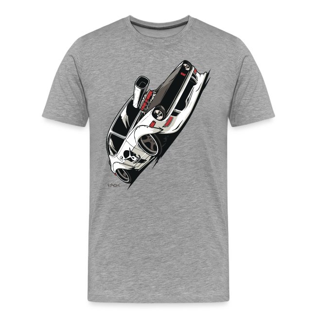 Gray t-shirt featuring a unique racing car design with white car and black accents, illustrated to depict motion and excitement.