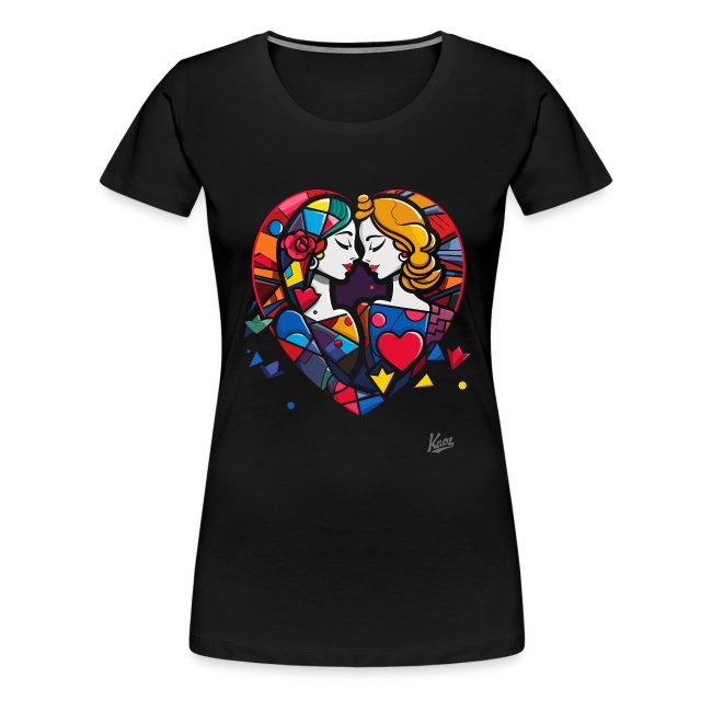 Stylish black T-shirt with vibrant heart-shaped design showcasing two female figures with colorful hair and unique details like a rose and geometric patterns, symbolizing love and connection.