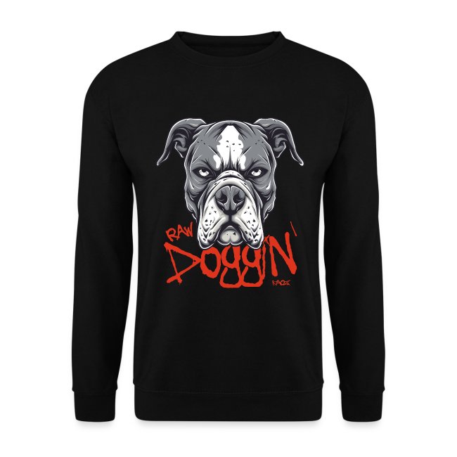 Black sweatshirt with illustrated bulldog face and RAW DOGGIN' text in bold red font, perfect for dog lovers.