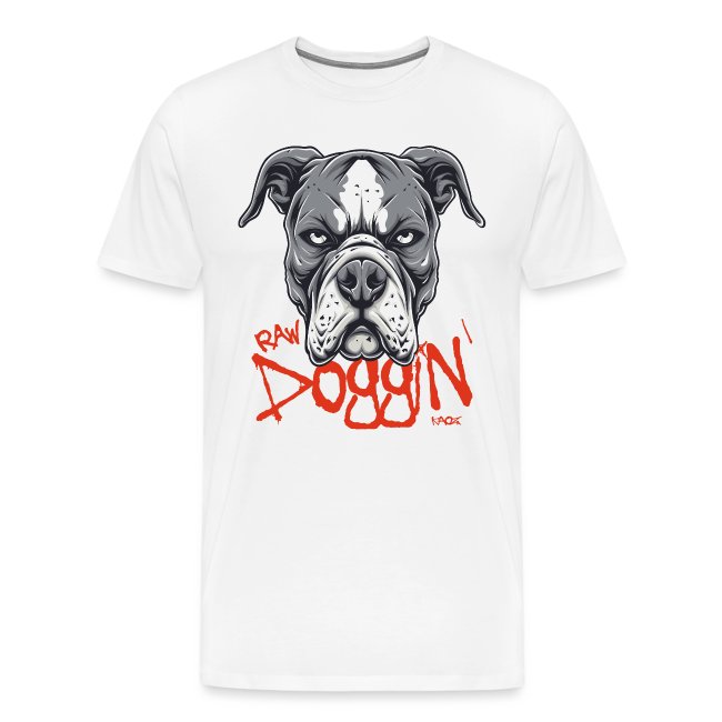 White t-shirt featuring a detailed bulldog graphic with the text 'RAW DOGGIN'' in bright red, perfect for dog lovers and graphic tee fans.