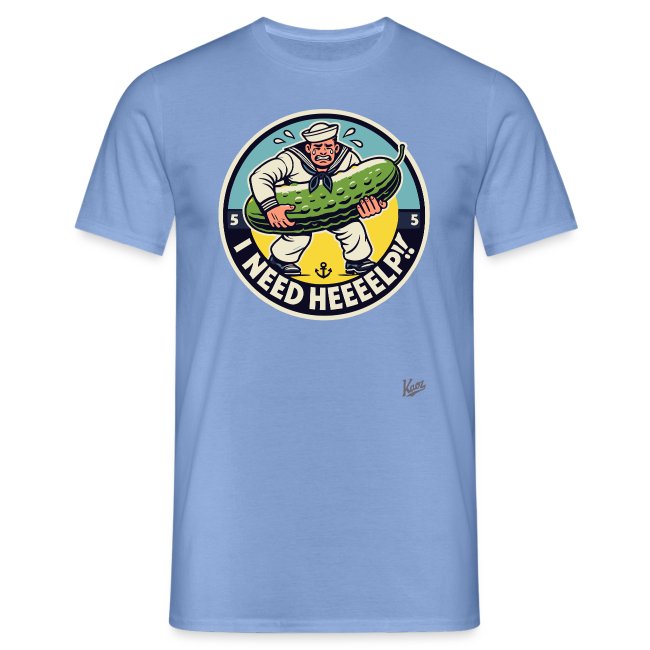 Light blue t-shirt featuring a cartoon sailor in distress holding a large pickle, surrounded by the text 'I NEED HEEEELP!' with a colorful anchor background.