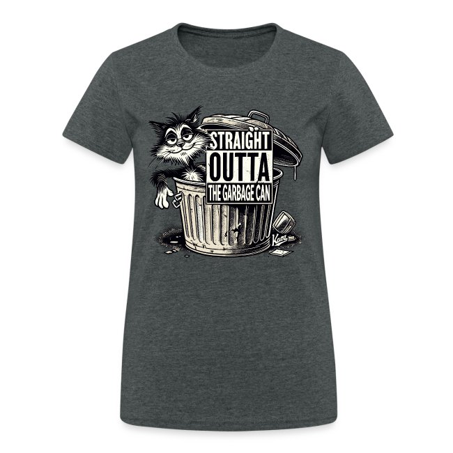 A humorous graphic t-shirt featuring a cartoon raccoon peeking out of a trash can with the text 'STRAIGHT OUTTA THE GARBAGE CAN' in bold letters.