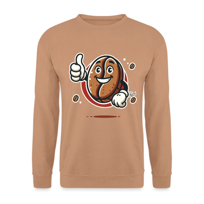 Light brown sweatshirt with a playful cartoon design of a smiling coffee bean character giving a thumbs up, surrounded by smaller coffee beans.