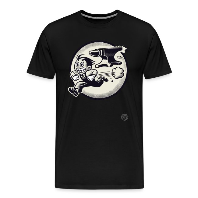 Black T-shirt with a vibrant graphic design of a cheerful cartoon character running joyfully next to an anvil, set against a moon-like background, conveying a fun and playful aesthetic.