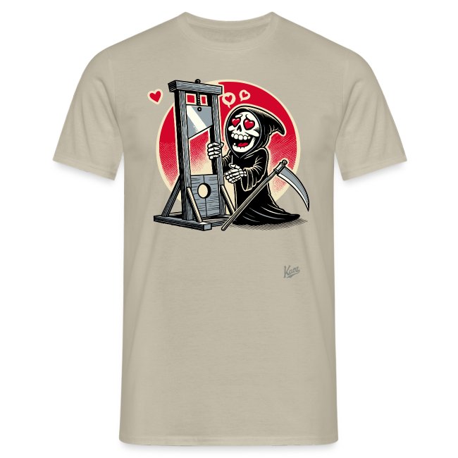 Light beige t-shirt featuring a playful Grim Reaper character with heart-shaped eyes holding a guillotine, set against a red circular background adorned with small hearts.