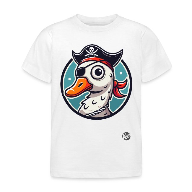A white T-shirt featuring a cartoon graphic of a pirate duck wearing a hat, eye patch, and red bandana, set against a vibrant blue background. Ideal for quirky and themed apparel lovers.