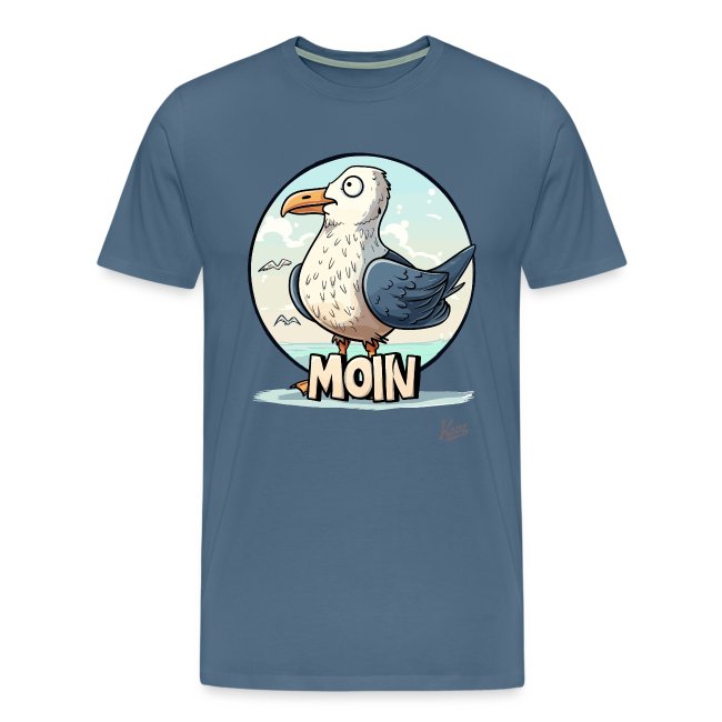 A playful blue t-shirt featuring a light gray cartoon seagull with blue wings and a yellow beak, surrounded by whimsical clouds and mountains, with the word 'MOIN' printed below.