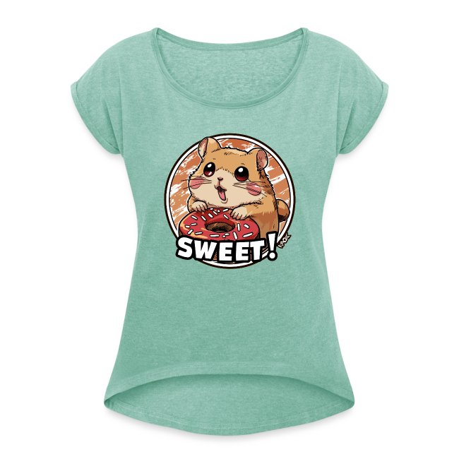 Light green women's T-shirt featuring a cute cartoon hamster holding a donut and the word 'SWEET!' in bold white letters.