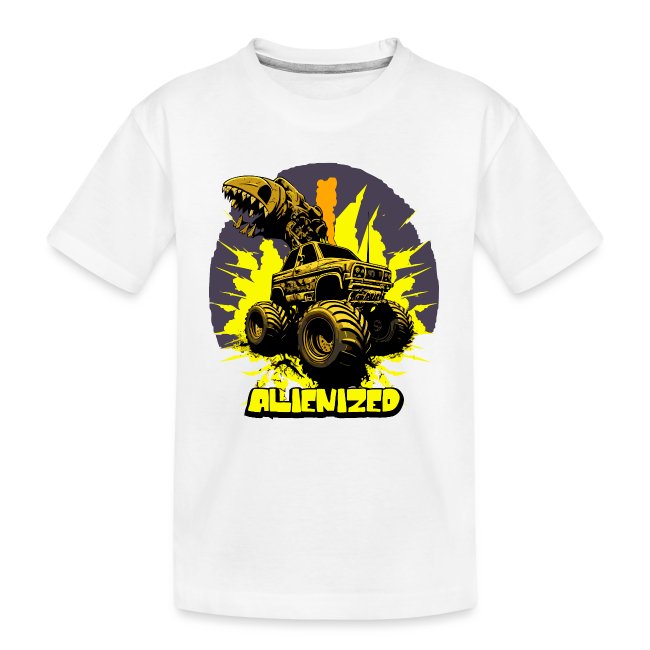 White T-shirt featuring a bold graphic design of a monster truck with a claw, surrounded by yellow and black bursts. The word 'ALIENIZED' is displayed prominently above the truck.