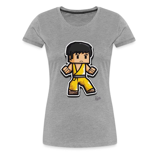 Casual gray short-sleeve t-shirt featuring a cartoonish character in a yellow martial arts outfit, striking a fighting pose, perfect for martial arts fans.