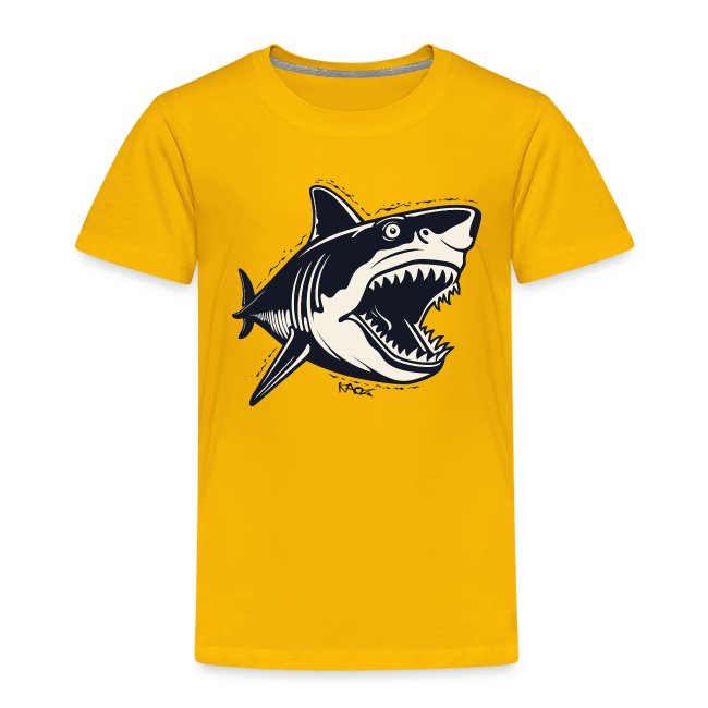 Yellow T-shirt featuring a bold black-and-white illustration of an open-mouthed shark in an aggressive pose.