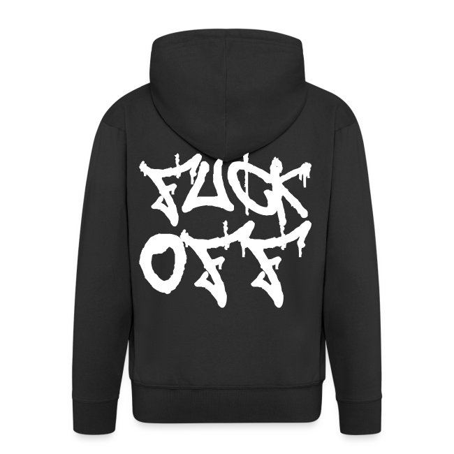 Black hoodie featuring bold white graffiti-style text 'FUCK OFF' on the back, ideal for streetwear fashion