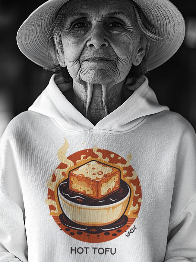 An elderly woman wearing a white hoodie with a vibrant graphic of a bowl of hot tofu and flames, posing with a warm expression and wide-brimmed hat. The image is in black and white, emphasizing her features against the colorful design of the hoodie.