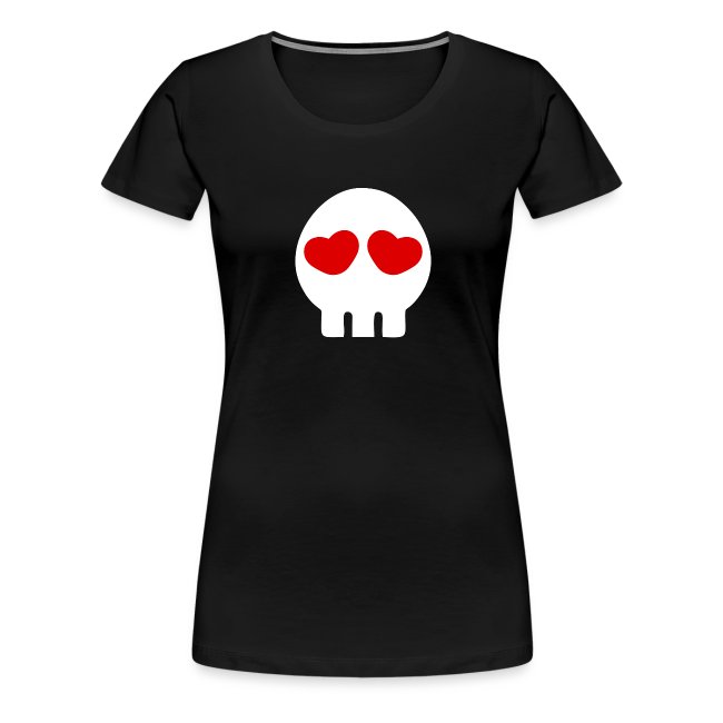 Black fitted women's T-shirt with a playful graphic of a skull with heart-shaped eyes in white and red, ideal for casual wear and unique style.