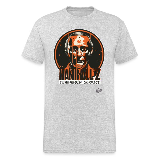 Gray t-shirt featuring a vibrant graphic design with the text 'HANNIBALLZ, TEABAGGIN' SERVICE' and a humorous stylized face illustration.