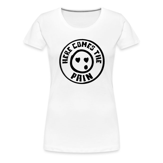 White short-sleeved T-shirt featuring a circular emblem that says 'HERE COMES THE PAIN' with a playful graphic face inside, perfect for casual wear and trendy apparel branding.