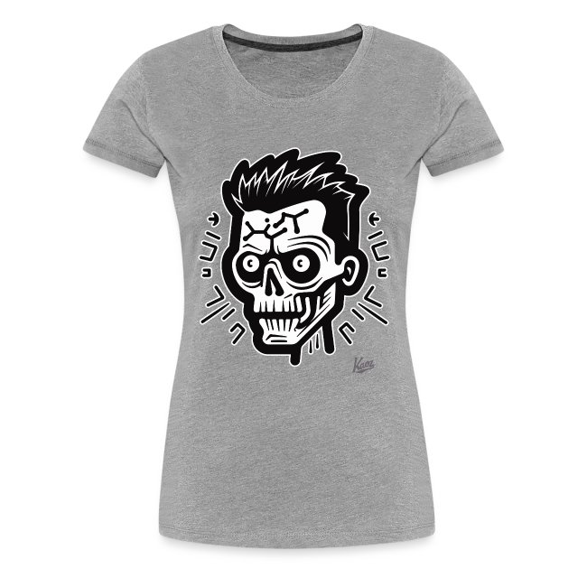 Gray t-shirt featuring a fun skull graphic with round eyes, a joyful expression, and messy hairstyle, perfect for casual wear.