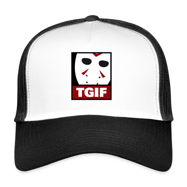 Black and white trucker hat featuring a distinctive graphic design of a mask with red accents and the text 'TGIF' below, perfect for casual wear and showcasing unique aesthetics in fashion merchandise.