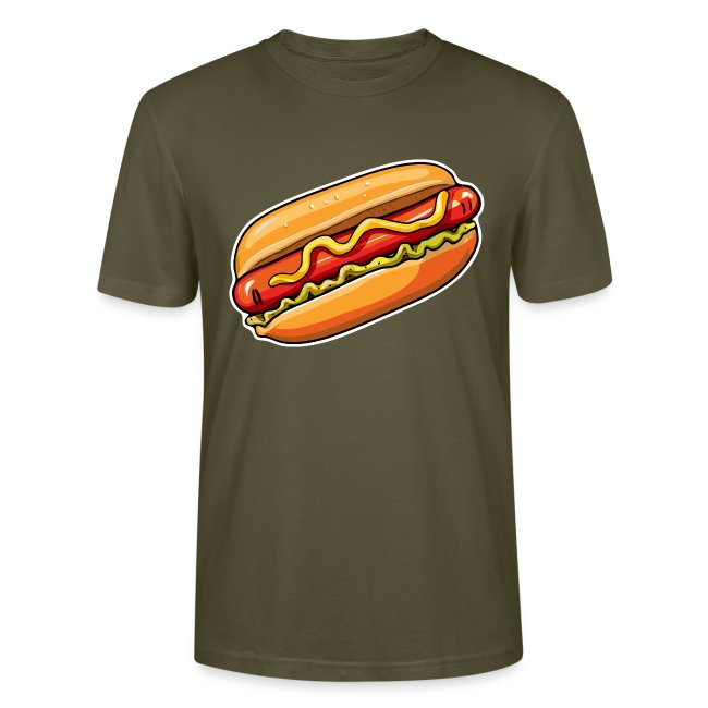 Olive green graphic t-shirt featuring a playful illustration of a hot dog with a golden bun, red ketchup, and yellow mustard.