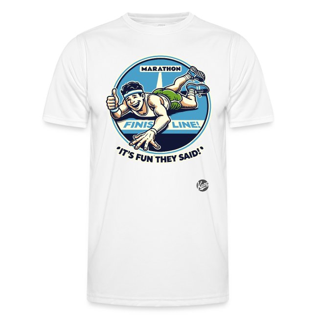 White T-shirt featuring a colorful cartoon runner with green shorts and blue shoes, sliding with a thumbs-up gesture, surrounded by text 'MARATHON' and 'FINISH LINE!' with the phrase 'IT'S FUN THEY SAID!'