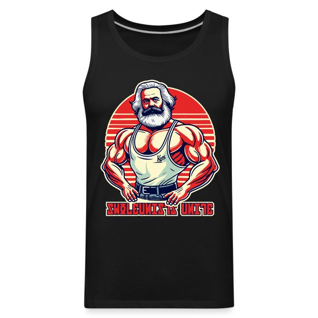 Illustrated black tank top with a confident muscular man in a sleeveless shirt, gray hair, and bold red and yellow striped background, text reading 'SKELETONS UNITE'.