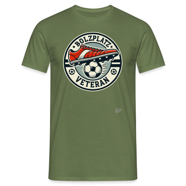 Green t-shirt featuring a circular graphic design of a red soccer cleat above a black and white soccer ball with the text 'BOLZPLATZ VETERAN'