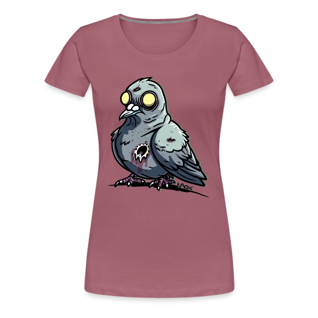 Playful pink T-shirt featuring a quirky cartoon-style pigeon with oversized yellow eyes and a hole in its chest, perfect for graphic tee lovers.