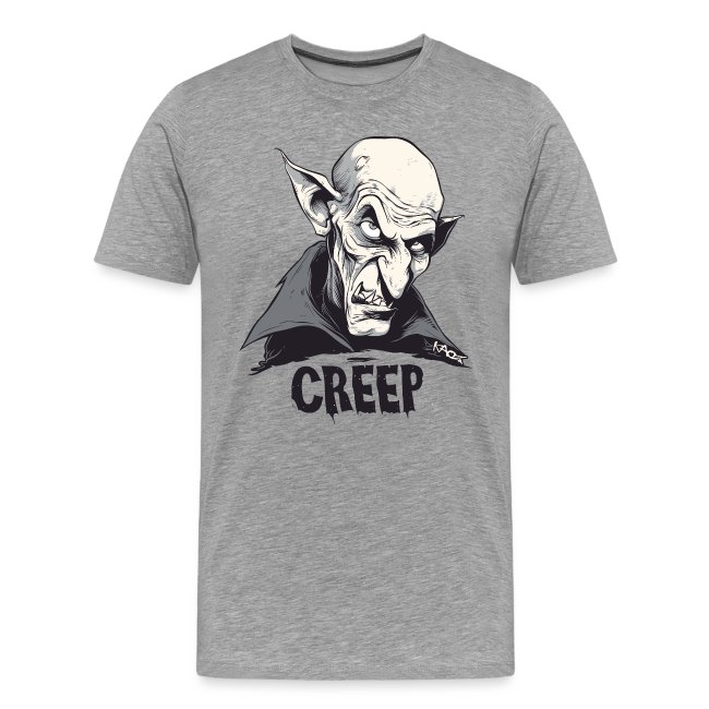 Grey t-shirt featuring a graphic design of a sinister character with pointed ears and the word 'CREEP' in a playful font underneath, perfect for quirky and spooky fashion.