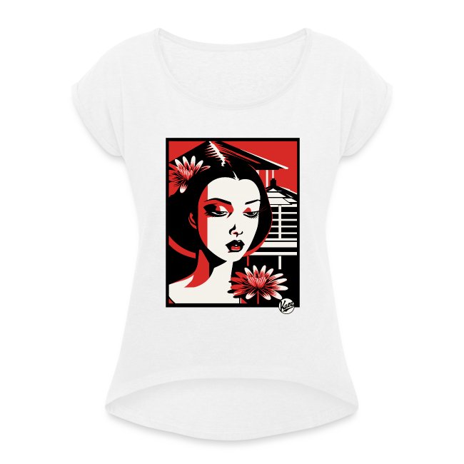 White short-sleeve shirt featuring a graphic design of a serene woman with dark hair and flowers, in black, white, and red tones with traditional architecture backdrop