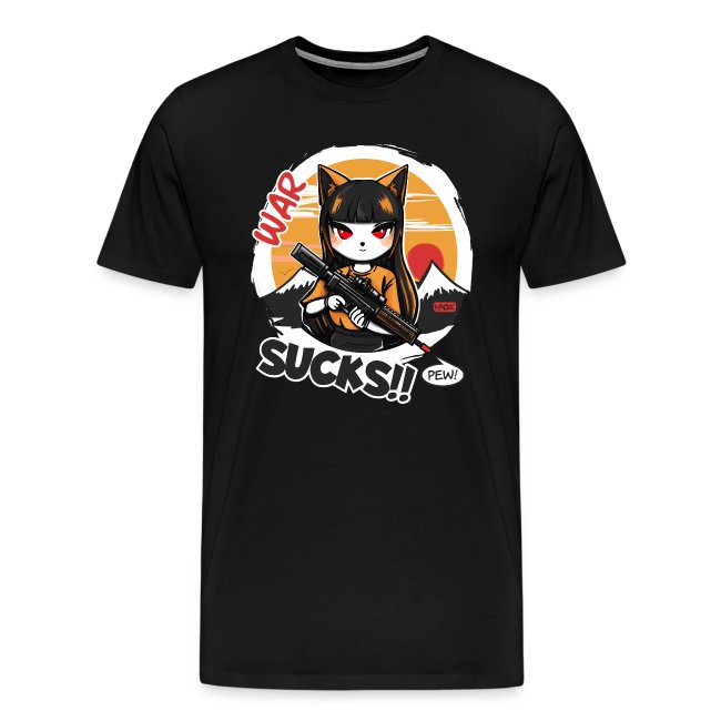Black t-shirt with a graphic design of a character with cat-like ears and red eyes, holding a rifle against a sunset backdrop with mountains, displaying the text 'WAR SUCKS!!' and a comic-style 'PEW!'