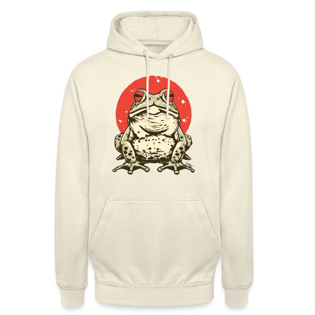 Beige hoodie featuring a stylized illustration of a majestic toad in front of a red sun, inspired by Japanese retro design.