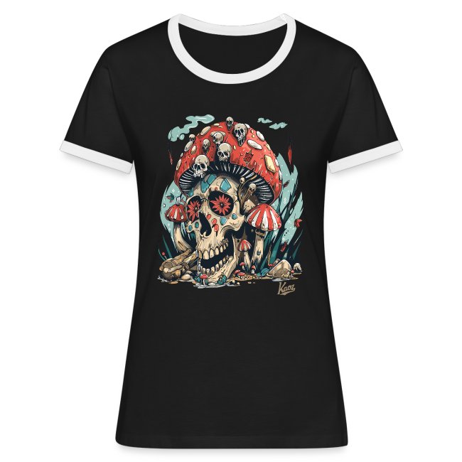 Black T-shirt featuring a vivid skull graphic surrounded by red and white mushrooms, and colorful flora, designed for modern fashion trends.