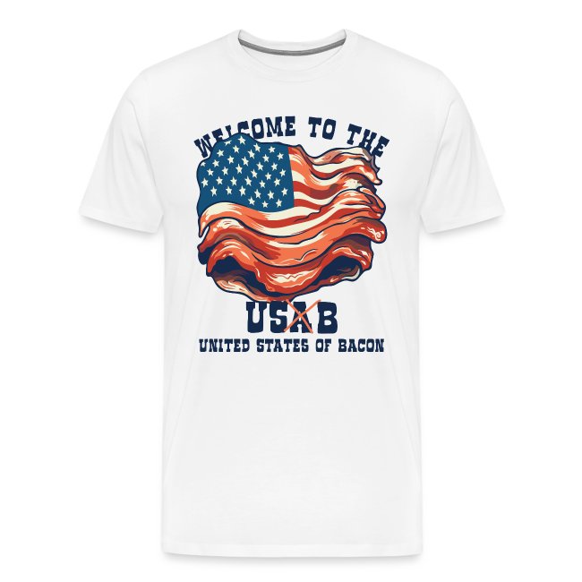Fun white T-shirt featuring a whimsical design of the American flag merged with bacon, displaying the phrase 'WELCOME TO THE' and the initials 'US×B' representing United States of Bacon.