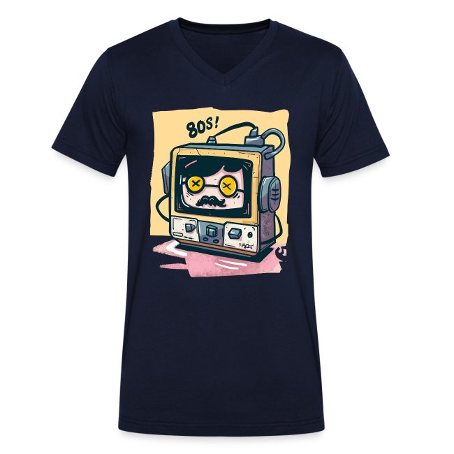 Navy blue v-neck t-shirt featuring a retro 80s graphic design of a cartoon television with a mustached face, yellow 'X' eyes, and exuberant expression against a light yellow background with '80s!' text