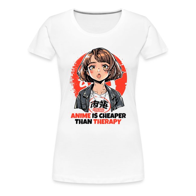 White t-shirt featuring an anime character with short brown hair in a black jacket, against a red circular backdrop, with the text 'ANIME IS CHEAPER THAN THERAPY' in bold black font.