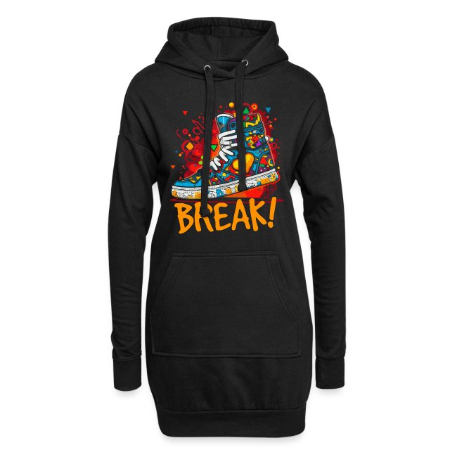 Black hoodie featuring a bold graphic of colorful high-top sneakers and the word 'BREAK!' in orange letters, perfect for casual fashion enthusiasts.