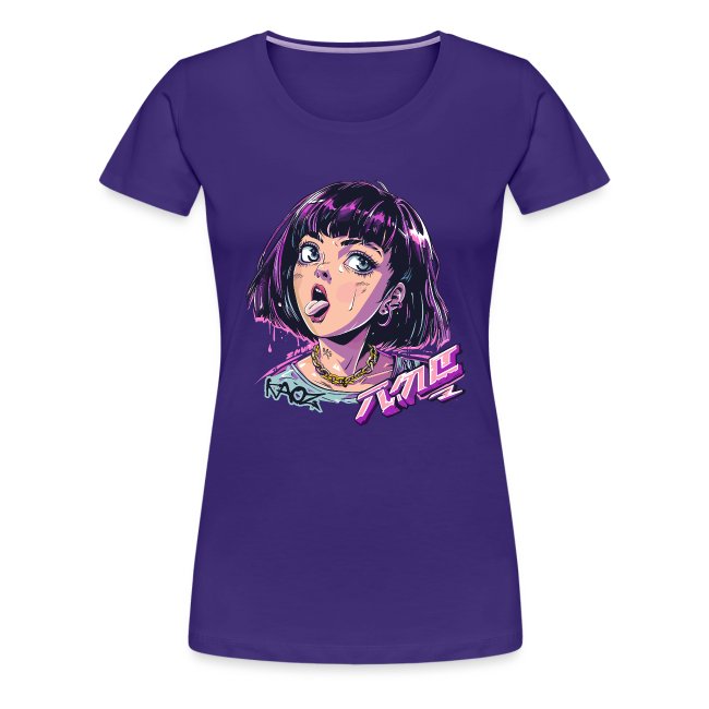 Stylish purple women's t-shirt featuring a bold graphic of a young woman with short dark hair, large expressive eyes, and a playful face while sticking her tongue out, perfect for casual wear.
