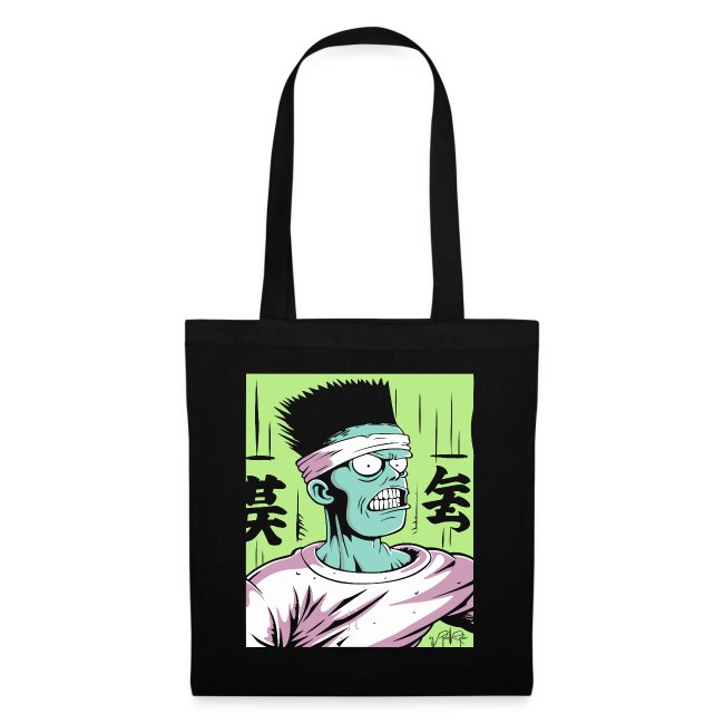 Bold T-shirt design featuring a stylized cartoon character with green skin, flat top hairstyle, and a white bandana, set against a bright green backdrop with abstract patterns.