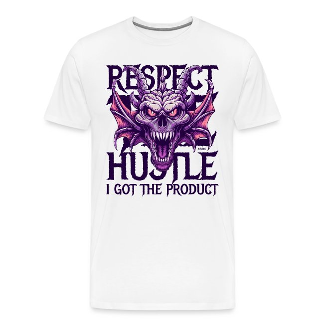 White t-shirt with menacing skull graphic, colorful wings, and the words 'RESPECT HUSTLE I GOT THE PRODUCT'