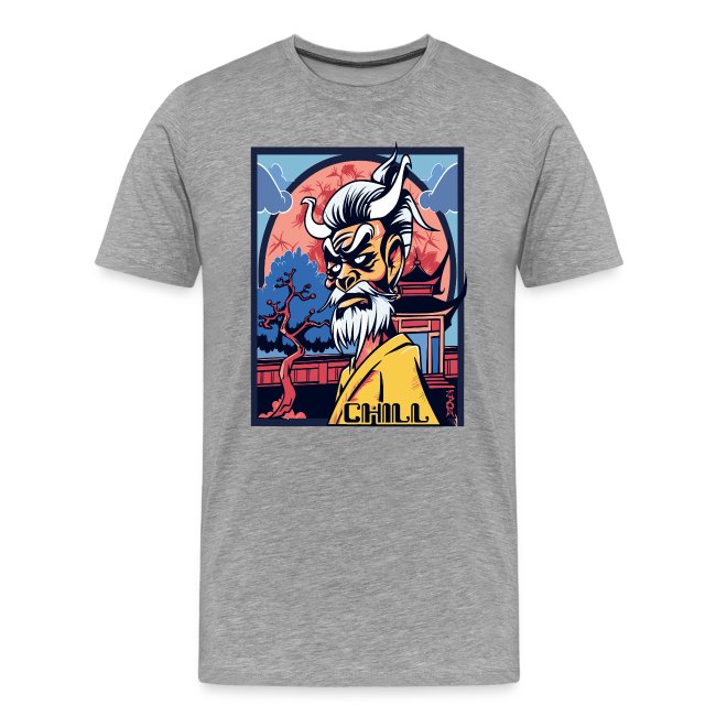 Stylish gray T-shirt showcasing a vibrant graphic design of a character with long white hair and beard in a yellow robe, set against a red moon and Asian-inspired landscape.