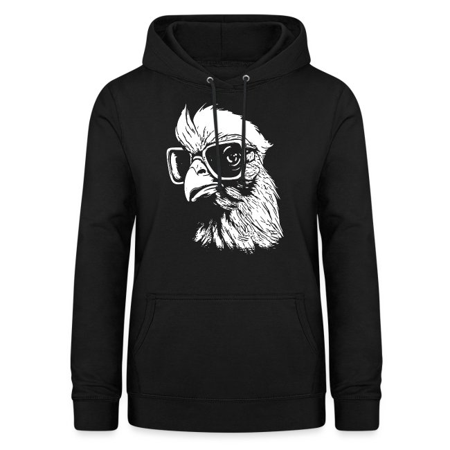 A black hoodie showcasing a quirky t-shirt design featuring a cartoon bird with oversized glasses, illustrated in white for contrast. Perfect for casual wear.