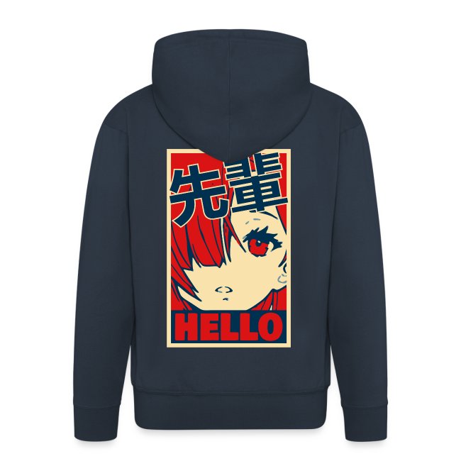 Back view of a navy blue hoodie featuring a graphic design of a character with red hair and a prominent eye, accented with bold colors and the text 'HELLO' in red, alongside Asian script.