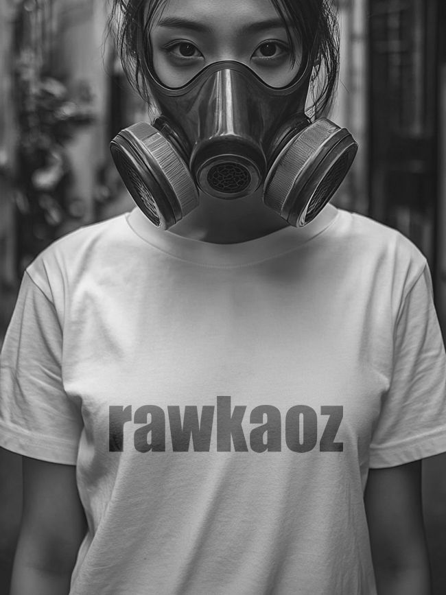 Black and white image of a young woman wearing a gas mask with 'rawkaoz' printed on her shirt, standing in an urban setting with a serious expression.