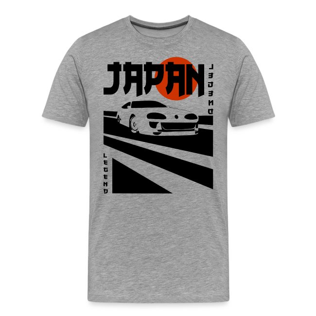Gray t-shirt featuring a bold graphic design of a car silhouette against a red circle symbolizing the Japanese flag, with 'JAPAN' and 'LEGEND' text.