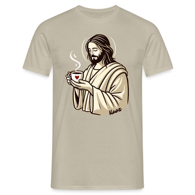Beige t-shirt featuring a serene illustration of Jesus Christ holding a steaming cup with a heart symbol, symbolizing comfort and faith.
